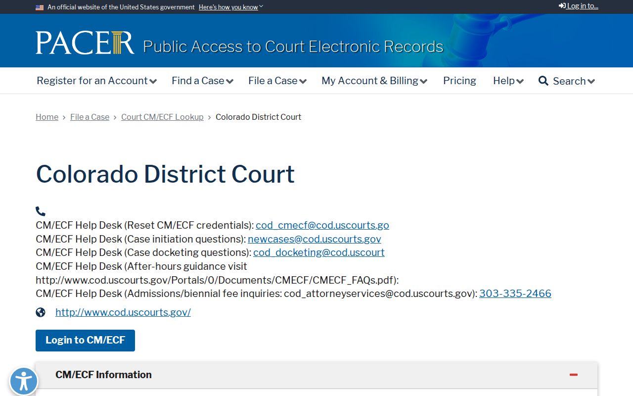 Dolores County District Court PACER court lookup page