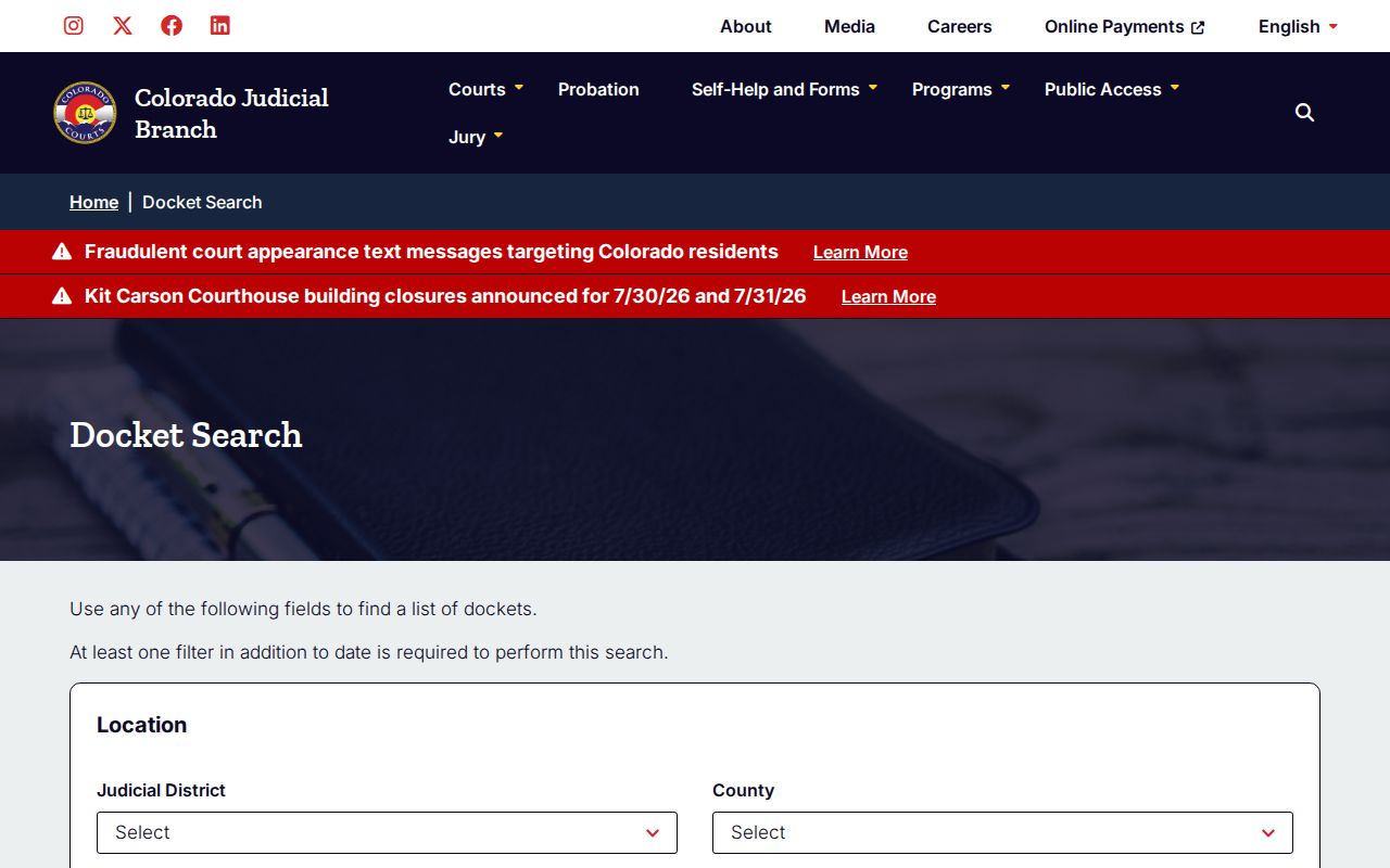 Dolores County court docket search interface