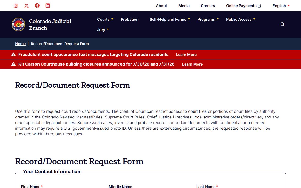 Dolores County court records document request form