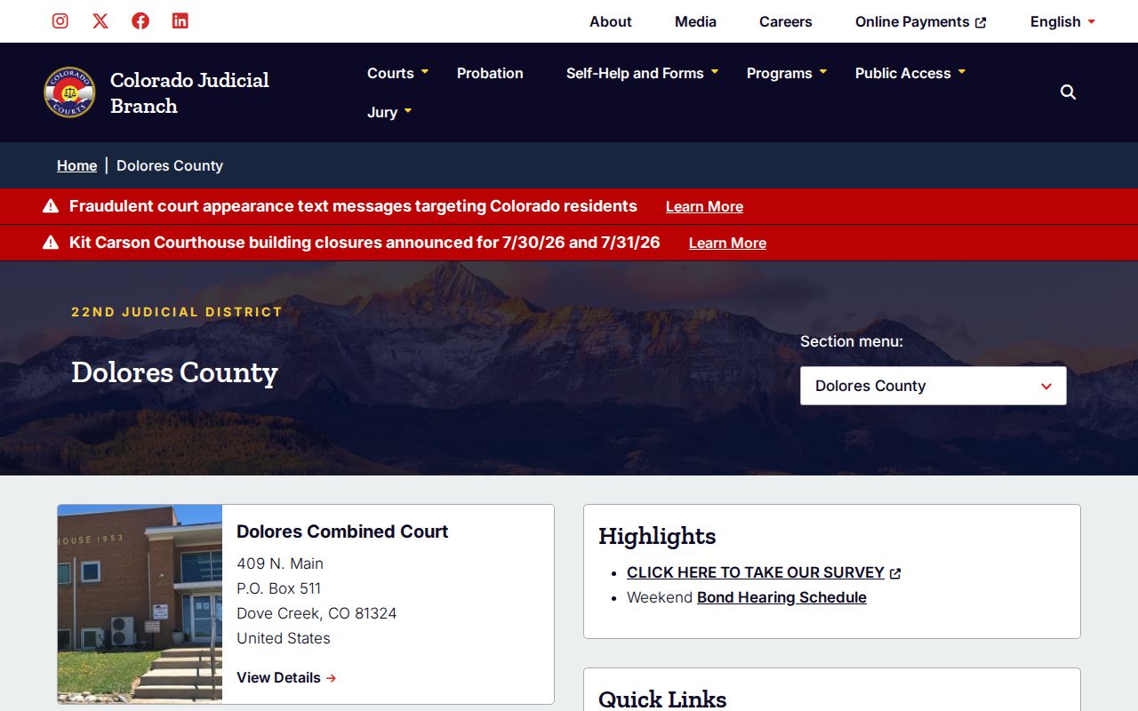 Dolores County court records on the Colorado Judicial Branch page