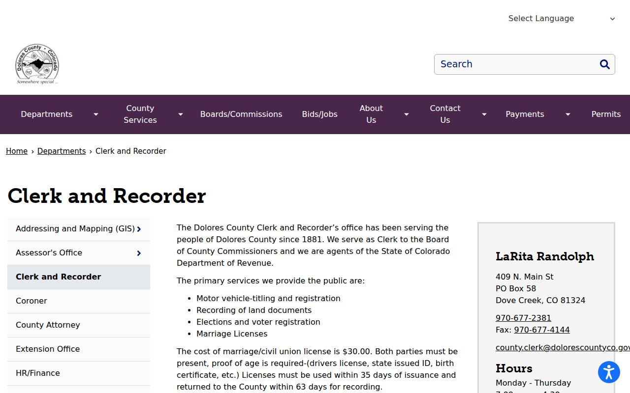 Dolores County marriage records Clerk and Recorder page