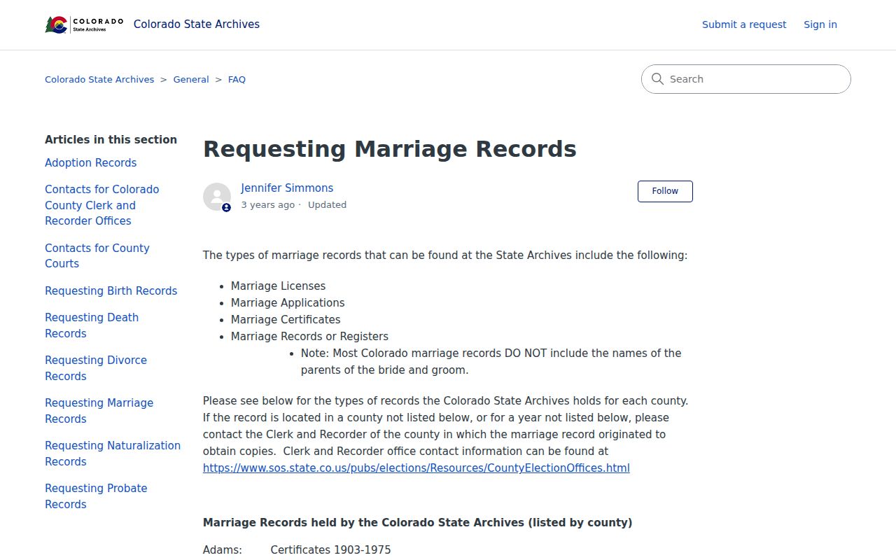 Dolores County marriage records State Archives guidance