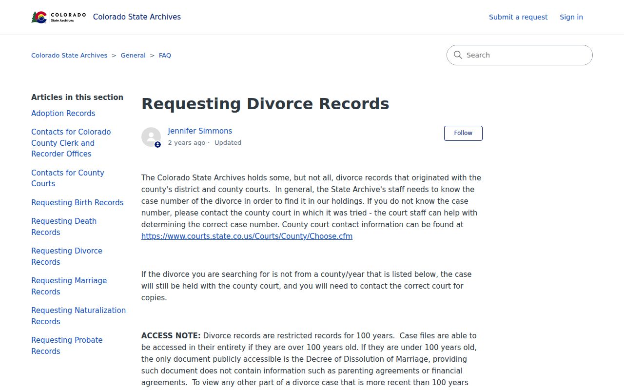 Dolores County divorce records State Archives guidance