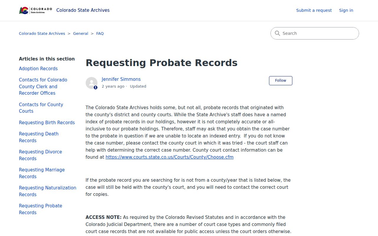 Dolores County probate records State Archives probate guidance