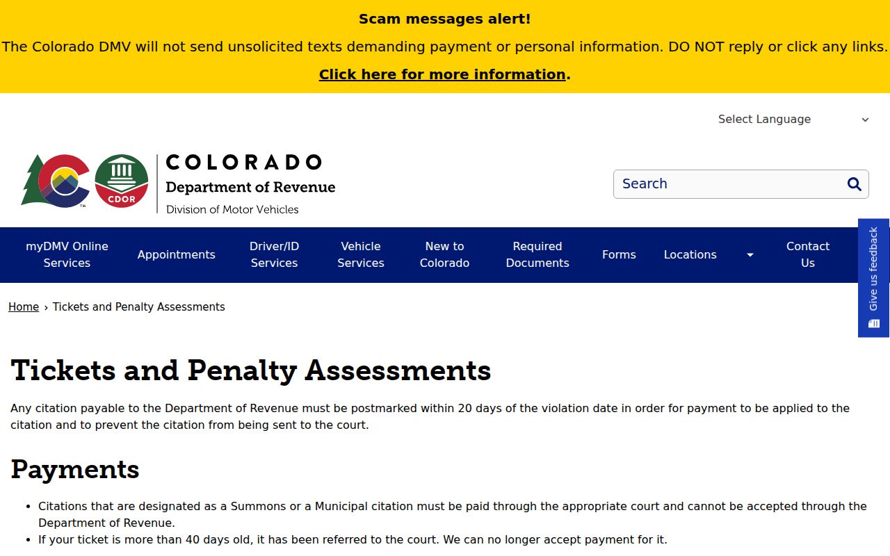 Dolores County traffic court records and Colorado DMV tickets and penalty assessments page